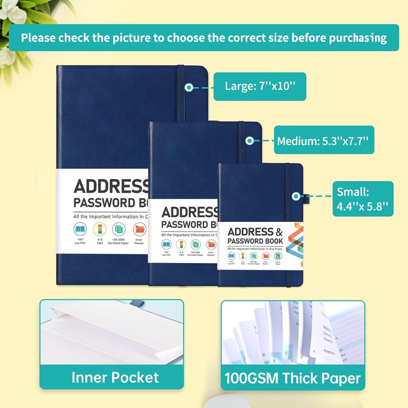 Homlive Address Book, Address and Password Keeper Book with Alphabetical Tabs, Hardcover Telephone Book Address Organizer Record with Pocket, Colored Pages, 5.3" x 7.7", Navy Blue - Image 2